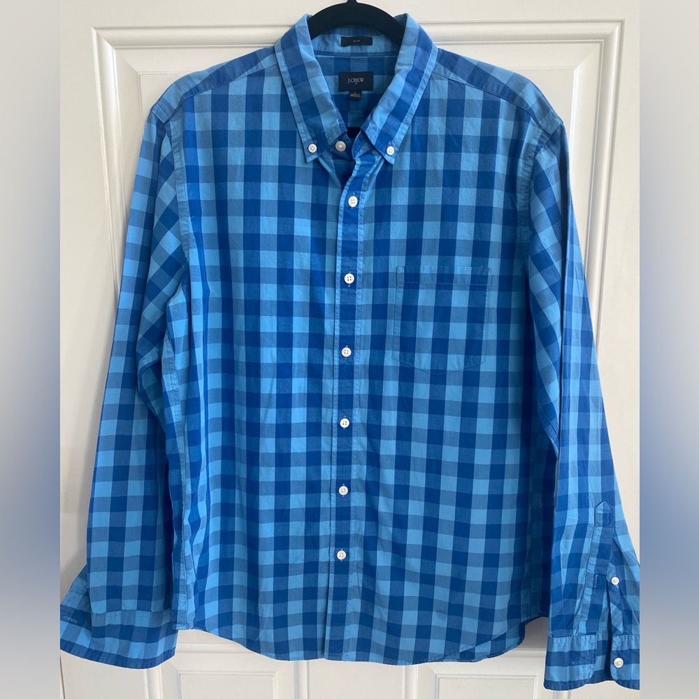 J. Crew Men’s Blue Plaid Button Down Collared Shirt Large Slim Fit
